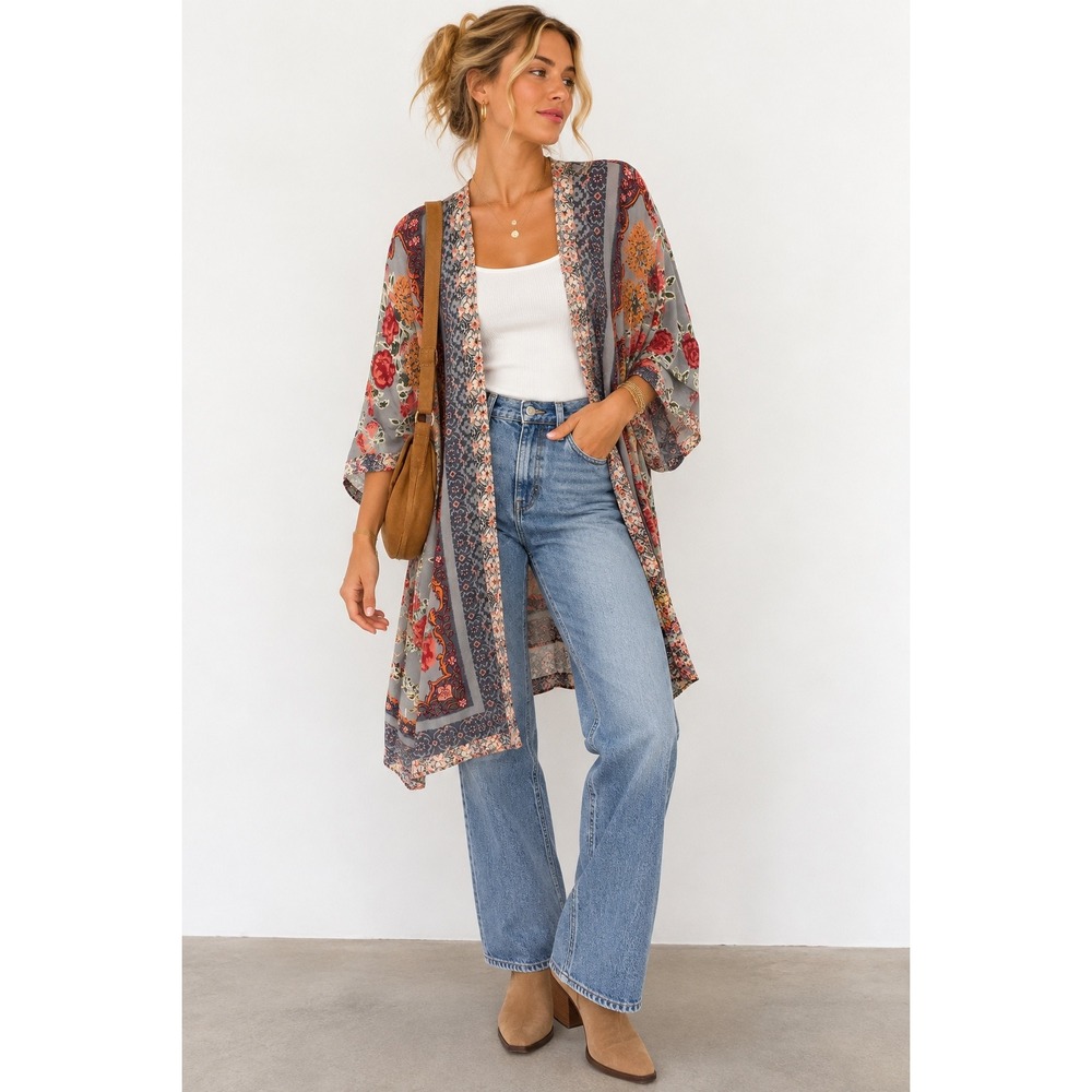 Angie Kimono Wrap Womens Large Multicolor Floral Rayon Boho Open Front Cardigan